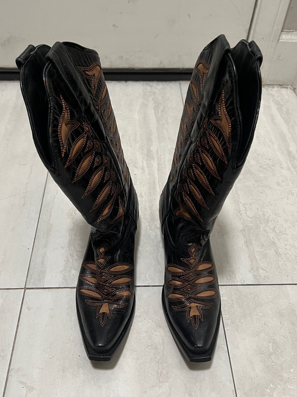 Black Western Leather Cowboy Boots with Brown Inset Stitching